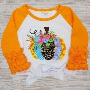 Patterned Pumpkin Orange Raglan Ruffle Sleeve Top